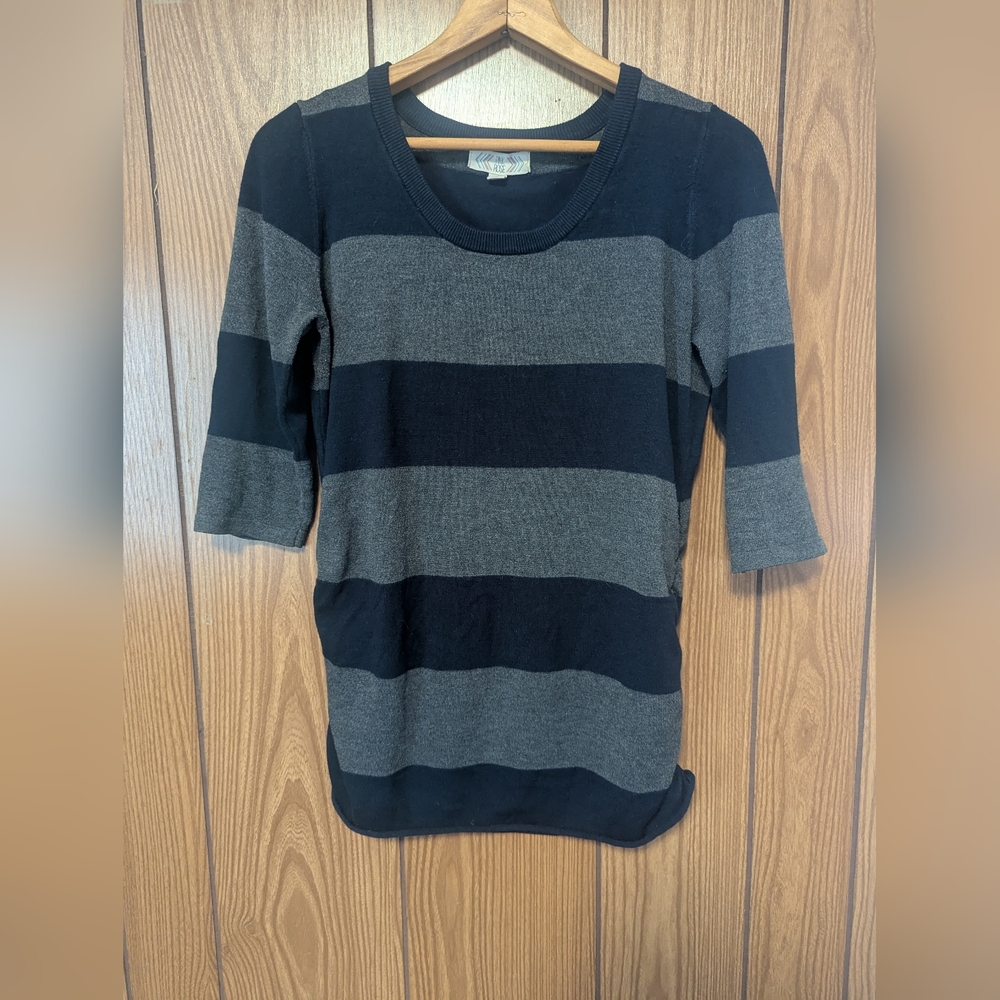 Pink Rose Women Large Striped Sweater Knit Blue and Gray Synched Sides Casual